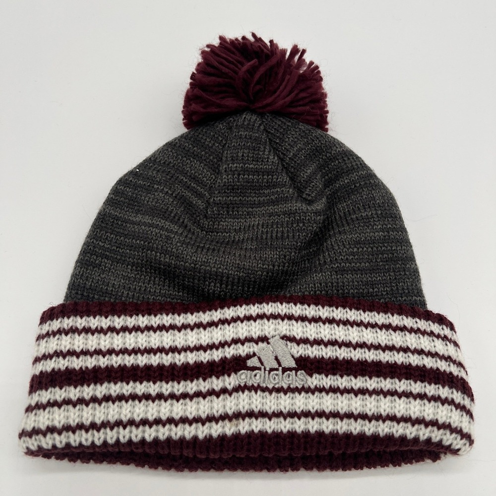 Adidas Texas A&M Aggies Gray Maroon Striped Pom Cuffed Knit Beanie Hat OSFA - Picture 2 of 5